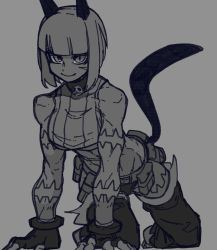 Rule 34 | 1girl, all fours, belt buckle, belt pouch, bob cut, bone nig, buckle, cat girl, collar, crop top, fingerless gloves, gloves, greyscale, highres, looking at viewer, monochrome, ms. fortune (skullgirls), neck bell, pouch, short hair, skullgirls, smile, solo