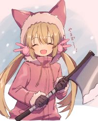 Rule 34 | alternate costume, axe, blonde hair, closed eyes, fang, gloves, hair between eyes, hair ornament, holding, holding weapon, hood, hooded coat, long hair, low twintails, natori sana, open mouth, rabbit hair ornament, sana channel, snowing, translation request, twintails, virtual youtuber, weapon, winter clothes, zumi tiri