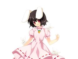 Rule 34 | 1girl, animal ears, black hair, carrot, carrot necklace, female focus, game cg, inaba tewi, jewelry, necklace, open mouth, pendant, puffy sleeves, rabbit, rabbit ears, red eyes, riv (rivleaf), short hair, solo, touhou, transparent background