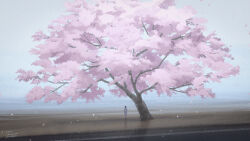 Rule 34 | 1other, absurdres, ambiguous gender, arms at sides, brown hair, cherry blossoms, cloud, cloudy sky, dated, day, dress, facing ahead, falling petals, from behind, giant tree, highres, horizon, landscape, nature, nothingblues yuki, original, outdoors, overcast, petals, reflective floor, road, scenery, shade, short hair, signature, sky, tree, very wide shot, white dress