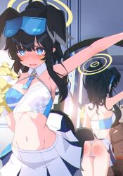 Rule 34 | 1boy, 1girl, absurdres, animal ears, arm up, doodle sensei (blue archive), ass, black hair, blue archive, blue eyes, blush, breasts, cheerleader, crop top, dark-skinned male, dark skin, dog ears, dog girl, dog tail, goggles, goggles on head, halo, hibiki (blue archive), hibiki (cheer squad) (blue archive), highres, holding, holding pom poms, long hair, medium breasts, navel, open mouth, pom pom (cheerleading), pom poms, sando (dukedevil), sensei (blue archive), skirt, star sticker, sticker on face, stomach, tail, tearing up, thigh gap, whip, whip marks, white skirt