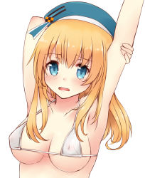 Rule 34 | 10s, 1girl, absurdres, arm behind head, arm up, armpits, atago (kancolle), bad id, bad pixiv id, beret, bikini, blonde hair, blue eyes, blush, breasts, collarbone, covered erect nipples, embarrassed, hat, highres, kantai collection, long hair, looking at viewer, micro bikini, nikitan (niki), open mouth, see-through, simple background, sketch, solo, swimsuit, upper body, white background, white bikini