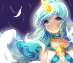 Rule 34 | 1girl, absurdres, alternate costume, alternate eye color, alternate hair color, alternate hairstyle, bare shoulders, breasts, highres, horns, league of legends, long hair, magical girl, medium breasts, pointy ears, single horn, solo, soraka (league of legends), star guardian (league of legends), star guardian soraka, upper body, very long hair