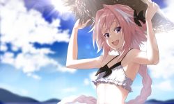 Rule 34 | 1boy, :d, absurdres, androgynous, armpits, astolfo (fate), bikini, bikini top only, black bow, black ribbon, blue sky, bow, braid, cloud, commentary request, day, fang, fate/apocrypha, fate (series), hair bow, hair intakes, hair ribbon, hat, highres, holding, holding clothes, holding hat, lens flare, long braid, long hair, looking at viewer, male focus, multicolored hair, official alternate costume, open mouth, pink hair, purple eyes, ribbon, single braid, skin fang, sky, smile, solo, straw hat, streaked hair, sun, sunlight, sweatdrop, swimsuit, takatun223, trap, white hair