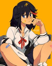 Rule 34 | 1girl, artist name, bandaid, bandaid on cheek, bandaid on face, bandaid on knee, bandaid on leg, black hair, black skirt, blue eyes, collared shirt, commentary, english commentary, frown, hair between eyes, hand to own mouth, highres, kill la kill, knees together feet apart, long sleeves, looking at viewer, matoi ryuuko, medium hair, multicolored hair, orange background, pleated skirt, red hair, shirt, simple background, sitting, skirt, solo, squeezable (squeezabledraws), streaked hair, two-tone hair, v-shaped eyebrows, white shirt, wing collar