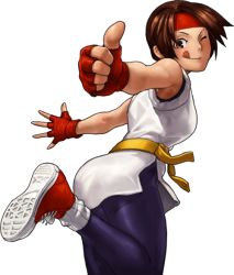 Rule 34 | 1girl, :q, ;q, ass, brown hair, converse, dougi, fingerless gloves, gloves, headband, one eye closed, ryuuko no ken, shoes, short hair, sneakers, snk, solo, spandex, the king of fighters, thumbs up, tongue, tongue out, transparent background, very short hair, wink, yuri sakazaki