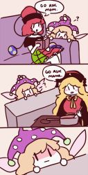 Rule 34 | 3girls, 3koma, ?, blank stare, blush stickers, book, clownpiece, comic, cooking, couch, earth (ornament), english text, fairy wings, flat color, hat, hecatia lapislazuli, jester cap, junko (touhou), multiple girls, open mouth, orz (kagewaka), pot, shaded face, sitting, sketch, spoken question mark, stove, touhou, truth, wings, | |