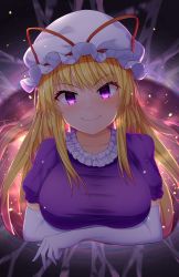 Rule 34 | 1girl, absurdres, arms under breasts, black background, blonde hair, breasts, closed mouth, elbow gloves, gap (touhou), gloves, hat, hat ribbon, highres, large breasts, long hair, looking at viewer, mob cap, purple eyes, ribbon, short sleeves, smile, solo, touhou, upper body, white gloves, white hat, yakumo yukari, yosshy