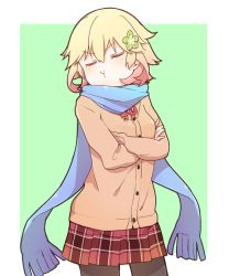 Rule 34 | 1girl, :t, bafarin, black pantyhose, blonde hair, blue scarf, buttons, closed eyes, coat, crossed arms, flower, gabriel dropout, green background, green flower, hair flower, hair ornament, highres, long scarf, pantyhose, plaid, plaid skirt, pout, scarf, short hair, simple background, skirt, solo, tapris chisaki sugarbell