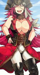 Rule 34 | 10s, 1girl, absurdres, ahoge, bare shoulders, boots, breasts, choker, cleavage, coat, closed eyes, fate/extra, fate/grand order, fate (series), francis drake (fate), hat, highres, large breasts, laughing, long hair, open mouth, pants, pink hair, scar, solo, very long hair
