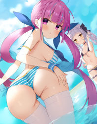 Rule 34 | 2girls, :3, :o, animal ears, ass, bare shoulders, bikini, black bikini, blue bikini, blue hair, blue ribbon, blush, braid, breasts, butt crack, cat ears, choker, colored inner hair, commentary request, cowboy shot, day, drill hair, from behind, hair ribbon, has bad revision, has downscaled revision, highres, hololive, large breasts, long hair, looking at viewer, looking back, md5 mismatch, minato aqua, multicolored hair, multiple girls, murasaki shion, navel, outdoors, pink eyes, pink hair, purple choker, resolution mismatch, ribbon, sideboob, silver hair, small breasts, source smaller, standing, stomach, striped bikini, striped clothes, swimsuit, thighhighs, twin drills, twintails, very long hair, virtual youtuber, wading, water, white background, white legwear, yellow eyes, zhiyou ruozhe