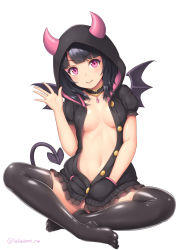 Rule 34 | 1girl, bikini, bikini bottom only, black bikini, black hair, black thighhighs, blunt bangs, breasts, choker, demon girl, demon tail, demon wings, hand in pocket, hood, hoodie, horns, looking at viewer, navel, no bra, no shoes, open clothes, original, pink hair, sasaame, simple background, small breasts, smile, solo, swimsuit, tail, thighhighs, waving, white background, wings