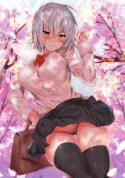 Rule 34 | 1girl, ahoge, bag, black panties, black skirt, black thighhighs, blush, breasts, cherry blossoms, clothes lift, commentary request, day, fate/grand order, fate (series), hair between eyes, highres, jeanne d&#039;arc (fate), jeanne d&#039;arc alter (avenger) (fate), jeanne d&#039;arc alter (fate), kawai (purplrpouni), large breasts, long sleeves, looking at viewer, neckerchief, open mouth, outdoors, panties, pantyshot, petals, pleated skirt, red neckerchief, school bag, school uniform, shirt, short hair, silver hair, skirt, skirt lift, smile, solo, standing, thighhighs, tree, underwear, upskirt, white shirt, wind, wind lift, yellow eyes