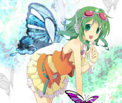 Rule 34 | 1girl, belt, butterfly wings, female focus, goggles, goggles on head, green eyes, green hair, gumi, headset, insect wings, matching hair/eyes, potchi, red-tinted eyewear, short hair, skirt, smile, solo, tinted eyewear, vocaloid, wings