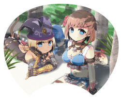 Rule 34 | 2girls, armband, bare shoulders, bikini, black gloves, blonde hair, blue bikini, blue eyes, breasts, brown armband, brown choker, brown hair, brown wristband, cat girl, cat tail, choker, circlet, cleavage, closed mouth, crab, elbow gloves, final fantasy, final fantasy xi, fingerless gloves, flower, gloves, grass, hair flower, hair ornament, halterneck, hat, hume, jester cap, leather choker, leech, looking at viewer, lying, medium breasts, mithra (ff11), multiple girls, mumor, navel, ntapopo, on stomach, purple headwear, red flower, sand, short hair, sitting, split mouth, swimsuit, tail, tail raised, thigh strap, tree, uka totlihn, wristband
