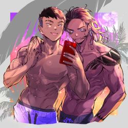 Rule 34 | 2boys, :p, abs, black hair, black male swimwear, cellphone, cowboy shot, cross scar, dark-skinned male, dark skin, earrings, eyebrow cut, facial tattoo, forehead, hand on another&#039;s hand, hand on another&#039;s shoulder, holding, holding phone, jewelry, jnnkleeche (artist), lip piercing, long hair, looking at phone, male focus, male swimwear, multiple boys, muscular, muscular male, navel, nipples, original, phone, piercing, purple eyes, purple male swimwear, scar, scar on arm, scar on face, selfie, short hair, shoulder tattoo, smartphone, smile, swim trunks, tattoo, tongue, tongue out, topless male, tribal tattoo, undercut, very short hair, wavy hair, yellow eyes