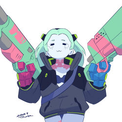 Rule 34 | 1girl, :3, = =, black jacket, bra, breasts, colored skin, commentary, commentary request, cyberpunk (series), cyberpunk edgerunners, cyborg, dated, dual wielding, green hair, highres, holding, jacket, leg tattoo, long hair, looking at viewer, mechanical hands, neck tattoo, oversized forearms, oversized limbs, pink tattoo, rebecca (cyberpunk), small breasts, smile, solo, tattoo, tsunemoku, twintails, underwear, white skin