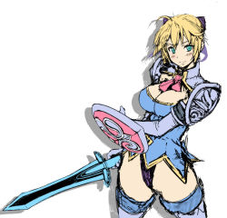Rule 34 | 1girl, blonde hair, blue eyes, boots, breasts, cassandra alexandra, cleavage, cleavage cutout, clothing cutout, elbow gloves, gloves, large breasts, metadora, necktie, no pants, pink necktie, ponytail, shield, shoulder pads, solo, soul calibur, soulcalibur, soulcalibur iv, sword, thigh boots, thighhighs, weapon