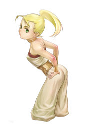 Rule 34 | 1990s (style), 1girl, bare shoulders, bent over, blonde hair, blush, calborn, chrono (series), chrono trigger, green eyes, highres, kanno ponta, looking at viewer, marle (chrono trigger), pants, ponytail, retro artstyle, simple background, solo, white background