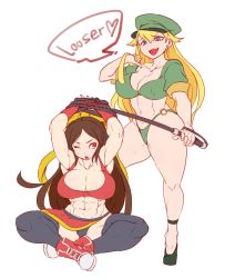Rule 34 | 2girls, abs, armpits, blonde hair, blue eyes, bound, bound wrists, breasts, brown hair, cleavage, collarbone, crop top, dominatrix, english text, engrish text, fight&#039;n rage, gal (fight&#039;n rage), hair ribbon, hanzo (2929), hat, heart, heels, highres, indian style, large breasts, long hair, looking down, midriff, military hat, multiple girls, muscular, muscular female, navel, o-ring, o-ring bottom, obliques, one eye closed, ranguage, red eyes, ribbon, shoes, short sleeves, simple background, sitting, skirt, sneakers, speech bubble, spoken heart, thighhighs, toned, tracy (fight&#039;n rage), whip, white background, yellow ribbon