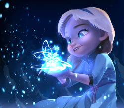 Rule 34 | 1girl, aged down, bad id, bad pixiv id, blue dress, blue eyes, blue hairband, braid, buttons, child, clothes lift, commentary, commentary request, cupping hands, disney, dress, elsa (frozen), english commentary, eyelashes, flat chest, floating hair, frozen (disney), glowing, hairband, happy, holding, long sleeves, mixed-language commentary, nono (tagazumi), open mouth, own hands together, reflection, ribbon, smile, snow, snowflakes, snowing, solo, teeth, upper body, upper teeth only, white hair, winter