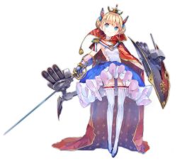 Rule 34 | 1girl, armpits, azur lane, blonde hair, blue eyes, blunt bangs, breasts, cannon, cape, collar, epaulettes, fleur-de-lis, french flag, frilled thighhighs, frills, full body, gauntlets, gloves, hair ornament, head tilt, headgear, high heels, holding, holding weapon, le triomphant (azur lane), looking at viewer, machinery, metal gloves, official art, pleated skirt, shield, short hair, sidelocks, skirt, small breasts, smile, solo, standing, striped clothes, striped thighhighs, sword, tassel, thighhighs, torpedo, transparent background, turret, unsheathed, vertical-striped clothes, vertical-striped thighhighs, weapon, yuugen
