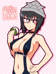 Rule 34 | 1girl, black hair, black neckwear, black one-piece swimsuit, blush, breasts, brown eyes, choker, cleavage, closed mouth, dated, female focus, food, girls und panzer, hand on own hip, kashiwa mochi (food), kawashima momo, large breasts, monocle, navel, one-piece swimsuit, oosaka kanagawa, polka dot, polka dot background, short hair, simple background, slingshot swimsuit, smile, solo, swimsuit