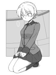 Rule 34 | ..., 1girl, absurdres, boots, border, braid, closed mouth, commentary, darjeeling (girls und panzer), epaulettes, fidgeting, girls und panzer, greyscale, have to pee, highres, jacket, light frown, long sleeves, military, military uniform, miniskirt, monochrome, motion lines, outside border, pleated skirt, renshiu, seiza, short hair, sitting, skirt, skirt hold, solo, spoken ellipsis, st. gloriana&#039;s military uniform, sweatdrop, uniform