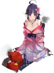 Rule 34 | 10s, 1girl, ahoge, bag, bare shoulders, bento, box, breasts, burnt clothes, cleavage, collarbone, floral print, food, full body, japanese clothes, jewelry, kantai collection, kimono, kujou ichiso, looking at viewer, lunchbox, machinery, necklace, new year, obi, off shoulder, official art, open clothes, open kimono, pendant, ryuuhou (kancolle), sash, seiza, short hair, sidelocks, sitting, smoke, solo, taigei (kancolle), torn clothes, torn kimono, transparent background, white background