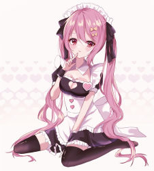 Rule 34 | 1girl, alternate costume, apron, blush, breasts, cleavage, cleavage cutout, clothing cutout, enmaided, finger to own chin, frown, hair ribbon, highres, long hair, looking at viewer, maid, maid apron, maid headdress, medium breasts, original, pink eyes, pink hair, ribbon, sitting, solo, thighhighs, twintails, wariza, yume ne