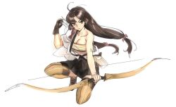 Rule 34 | 10s, 1girl, arrow (projectile), bow (weapon), breasts, brown hair, gloves, kantai collection, large breasts, long hair, low-tied long hair, miniskirt, nishieda, off shoulder, pleated skirt, shouhou (kancolle), single bare shoulder, single glove, skirt, solo, squatting, thighhighs, very long hair, weapon, zettai ryouiki