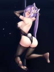 Rule 34 | 1girl, alternate costume, artist request, ass, backless leotard, bad id, bad pixiv id, bare shoulders, black background, black thighhighs, blush, braid, breasts, cone hair bun, elbow gloves, embarrassed, french braid, from behind, genshin impact, gloves, hair between eyes, hair bun, hair ornament, hairpin, highres, keqing (genshin impact), leotard, long hair, looking at viewer, medium breasts, playboy bunny, pole, pole dancing, purple eyes, purple hair, rabbit tail, shiny clothes, shiny skin, sideboob, smile, solo, stripper pole, tail, thighhighs, twintails, very long hair, wavy mouth