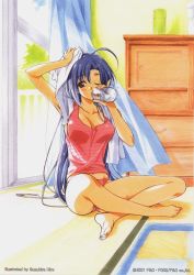 Rule 34 | 1990s (style), 1girl, ahoge, alcohol, barefoot, beer, blue hair, blush, brown eyes, can, crossed legs, drinking, feet, highres, indian style, kinoshita takako, long hair, panties, pia carrot (series), pia carrot e youkoso!!, pia carrot e youkoso!! 3, pink panties, retro artstyle, sitting, solo, striped clothes, striped panties, suzuhira hiro, sweat, tank top, toes, towel, underwear, very long hair, wind