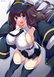Rule 34 | 1girl, :d, azur lane, black necktie, black thighhighs, blue eyes, breasts, brown hair, button gap, cleavage, commentary request, cosplay, enterprise (azur lane), enterprise (azur lane) (cosplay), hat, highres, kamishiro (rsg10679), large breasts, long hair, long island (azur lane), looking at viewer, necktie, open mouth, sleeves past fingers, sleeves past wrists, smile, solo, thighhighs, thighs, twitter username