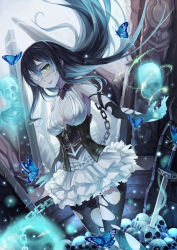 Rule 34 | 1girl, absurdres, black gloves, black hair, black pantyhose, breasts, bug, butterfly, chain, cleavage, corset, elbow gloves, eyepatch, frilled skirt, frills, gloves, green eyes, highres, insect, ling si, long hair, original, pantyhose, pile of skulls, planted, planted sword, planted weapon, skirt, solo, sword, torn clothes, torn gloves, torn pantyhose, weapon