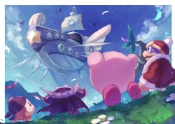 Rule 34 | absurdres, aircraft, airship, armor, arms up, banana, bandana waddle dee, beak, cape, coat, flower, food, from behind, from below, fruit, fur coat, fur trim, grass, highres, king dedede, kirby, kirby&#039;s return to dream land, kirby (series), landia, looking up, lor starcutter, meta knight, mountainous horizon, nintendo, polearm, sail, shiburingaru, shoulder armor, smile, spear, standing, tree, vehicle focus, weapon