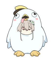 Rule 34 | 1girl, animal costume, bird costume, blue archive, blush stickers, brown eyes, brown hair, commentary request, cosplay, empty eyes, flower, full body, hair between eyes, hair flower, hair ornament, jitome, long hair, looking at viewer, nagisa (blue archive), nyaru (nyaru 4126), peroro (blue archive), peroro (blue archive) (cosplay), sidelocks, simple background, solo, white background, white flower
