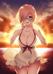 Rule 34 | 1girl, :d, backlighting, bare shoulders, black-framed eyewear, breasts, casual one-piece swimsuit, cleavage, cloud, cloudy sky, collarbone, cowboy shot, fate/grand order, fate (series), glasses, gluteal fold, hair over one eye, halterneck, hand to own mouth, highres, horizon, large breasts, looking at viewer, mash kyrielight, mash kyrielight (swimsuit of perpetual summer), official alternate costume, one-piece swimsuit, open mouth, outdoors, pantsu (lootttyyyy), pink hair, purple eyes, short hair, sky, smile, solo, sunset, swimsuit, white one-piece swimsuit