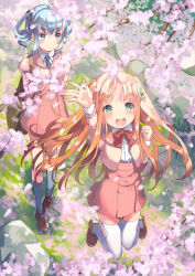 Rule 34 | 2girls, :d, amiami (company), amico, arm up, bag, black socks, blue eyes, blue hair, blurry, blurry foreground, blush, bow, bowtie, branch, cherry blossoms, clenched hand, closed mouth, day, depth of field, drill hair, flower, from above, grass, green eyes, hair ornament, high-waist skirt, highres, juliet sleeves, kneehighs, lilco, loafers, long hair, long sleeves, looking at viewer, looking away, multiple girls, necktie, official art, open mouth, orange hair, outdoors, petals, puffy sleeves, red skirt, school uniform, shoes, skirt, smile, socks, standing, thighhighs, twin drills, twintails, two side up, white legwear, yumekui