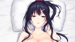 Rule 34 | 1girl, bed, blush, breasts, female focus, from above, game cg, hair ornament, hairclip, half-closed eyes, hands up, hibiki works, high ponytail, iizuki tasuku, large breasts, light blush, long hair, looking at viewer, nude, on bed, original, parted lips, pillow, ponytail, purple eyes, purple hair, sidelocks, solo, suiren to shion, upper body, wakami suiren