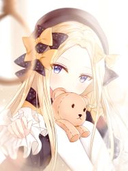 Rule 34 | 1girl, abigail williams (fate), absurdres, black bow, black dress, black hat, blonde hair, blue eyes, blurry, blurry foreground, bow, covered mouth, depth of field, dress, fate/grand order, fate (series), hair bow, hat, head tilt, highres, junpaku karen, long hair, long sleeves, looking at viewer, noose, orange bow, pantyhose, parted bangs, polka dot, polka dot bow, reaching, reaching towards viewer, sitting, solo, stuffed animal, stuffed toy, teddy bear, white pantyhose
