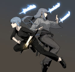 Rule 34 | 2girls, black footwear, black pants, black ribbon, black shirt, blue hair, breasts, closed eyes, closed mouth, collarbone, collared shirt, collarless shirt, commentary, earrings, fighting stance, full body, gogalking, grey background, grey hair, grey pants, grey shirt, hair ribbon, highres, holding, holding sword, holding weapon, jewelry, long hair, long sleeves, low ponytail, magic, multiple girls, ofelia (gogalking), original, pants, parted lips, portia (gogalking), purple eyes, ribbon, sheath, shirt, shoes, sidelocks, simple background, sword, twintails, unsheathing, weapon, wide sleeves