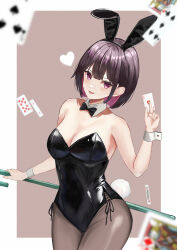 Rule 34 | 1girl, absurdres, ace (playing card), ace of hearts, animal ears, bare shoulders, black bow, black bowtie, black leotard, black pantyhose, blurry, blurry foreground, blush, bob cut, border, bow, bowtie, breasts, brown background, brown hair, cane, card, cleavage, colored inner hair, cowboy shot, detached collar, fake animal ears, fang, heart, highres, holding, holding cane, holding card, jack (playing card), jack of diamonds, ky00, leotard, medium breasts, medium hair, multicolored hair, open mouth, original, outside border, pantyhose, pink hair, playboy bunny, playing card, rabbit ears, skin fang, smile, solo, strapless, strapless leotard, two-tone hair, white border, wrist cuffs