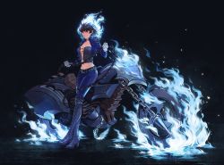 Rule 34 | 1girl, belt, biker clothes, blue fire, braid, breasts, brown hair, bustier, chain, crop top, crown braid, fiery hair, fire, fusion, ghost rider, gloves, highres, joanna (persona 5), knee spikes, lace, large breasts, marvel, motor vehicle, motorcycle, niijima makoto, pants, persona, persona 5, sarcii, short hair, shoulder pads, shoulder spikes, smile, spikes, standing, white gloves