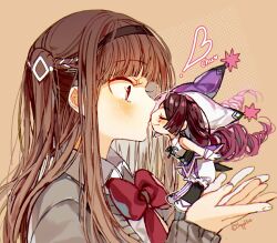 Rule 34 | 2girls, blush, bow, bowtie, braid, brown eyes, brown hair, closed eyes, closed mouth, commentary request, female commander (forever 7th capital), forever 7th capital, gloves, hand up, heart, kiss, long hair, mini person, minigirl, multicolored hair, multiple girls, one side up, pink bow, pink bowtie, pink hair, puffy shorts, sapphire (nine), school uniform, shirt, shorts, sidelocks, split-color hair, very long hair, white gloves, white shirt, white shorts, yuri, yuri (forever 7th capital)