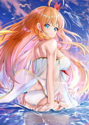 Rule 34 | 1girl, absurdres, adjusting clothes, adjusting swimsuit, ahoge, back, bird, blue eyes, bow, braid, breasts, closed mouth, female focus, floating hair, hair bow, hair over shoulder, highres, in water, large breasts, long hair, looking at viewer, looking back, orange hair, pecorine (princess connect!), pecorine (summer) (princess connect!), princess connect!, red bow, red ribbon, ribbon, sideboob, signature, smile, solo, swimsuit, takemura kou, thighs, very long hair, wading, water, water drop