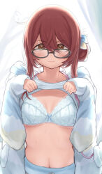 Rule 34 | 1girl, absurdres, blush, bow, bow bra, bra, breasts, closed mouth, clothes lift, frown, glasses, hair between eyes, hair bun, highres, idolmaster, idolmaster shiny colors, kijibato 123-gou, lace, lace-trimmed bra, lace trim, lifted by self, long hair, long sleeves, looking at viewer, medium breasts, navel, official alternate costume, official alternate hairstyle, osaki tenka, pajamas, red hair, shirt lift, single hair bun, sleeves past wrists, solo, sweat, swept bangs, underwear, white bra, yellow eyes