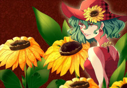 Rule 34 | 1girl, alternate costume, alternate eye color, dress, earrings, flower, green hair, hat, hat flower, jewelry, kazami yuuka, leaf, looking at viewer, looking back, necklace, parted lips, red background, short hair, sleeveless, sleeveless dress, smile, solo, sunflower, touhou, yayoi (su misheng), yellow eyes