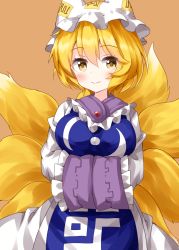 Rule 34 | 1girl, animal hat, blonde hair, breasts, brown background, closed mouth, cowboy shot, crossed arms, dress, fox tail, frilled shirt collar, frilled sleeves, frills, hair between eyes, hat, highres, kitsune, large breasts, long sleeves, looking at viewer, mob cap, multiple tails, ruu (tksymkw), short hair, simple background, sleeves past fingers, sleeves past wrists, smile, solo, standing, tail, touhou, white dress, white hat, wide sleeves, yakumo ran, yellow eyes, yellow tail
