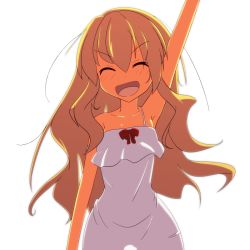 Rule 34 | 1girl, adapted costume, blonde hair, bow, cato (monocatienus), closed eyes, dress, female focus, hand up, lily white, long hair, no headwear, open mouth, see-through silhouette, simple background, smile, solo, strap slip, touhou, white background